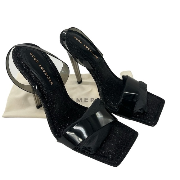 NIB Good American Black Glitter Lucite Sling Back w/ Rhinestone Accents 8.5 - Picture 3 of 7